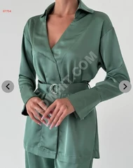 Long Sleeve Satin Set with Belt