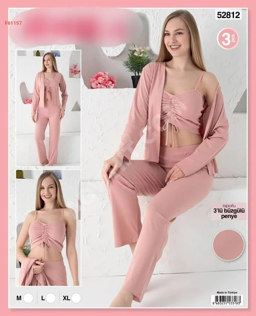 3'lü  Pamuklu sabahlık kadın pijama takımı