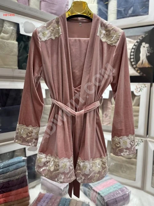 Kadife Gelin Pijama, İşlemeli Tül Detaylı