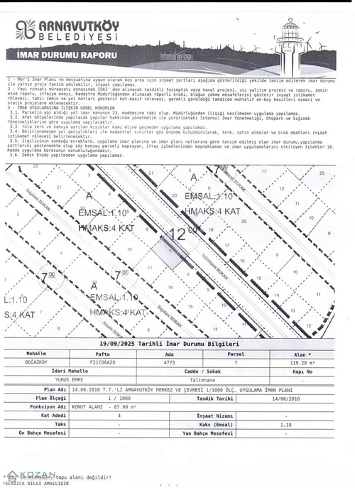 Arnavutköy-Boğazköy de 119.20 m2 satlık arsa