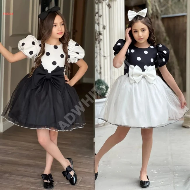 Girls Polka Dot Fluffy Dress with Bow