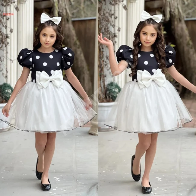 Girls Polka Dot Fluffy Dress with Bow