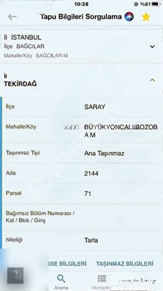 A plot of land with a single title deed for sale in TEKİRDAĞ SARAY BÜYÜKYONCALI, BOZOB neighborhood area