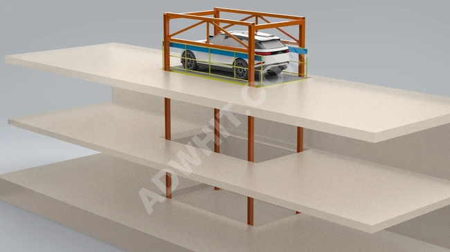 Vehicle transfer platform between floors with four columns