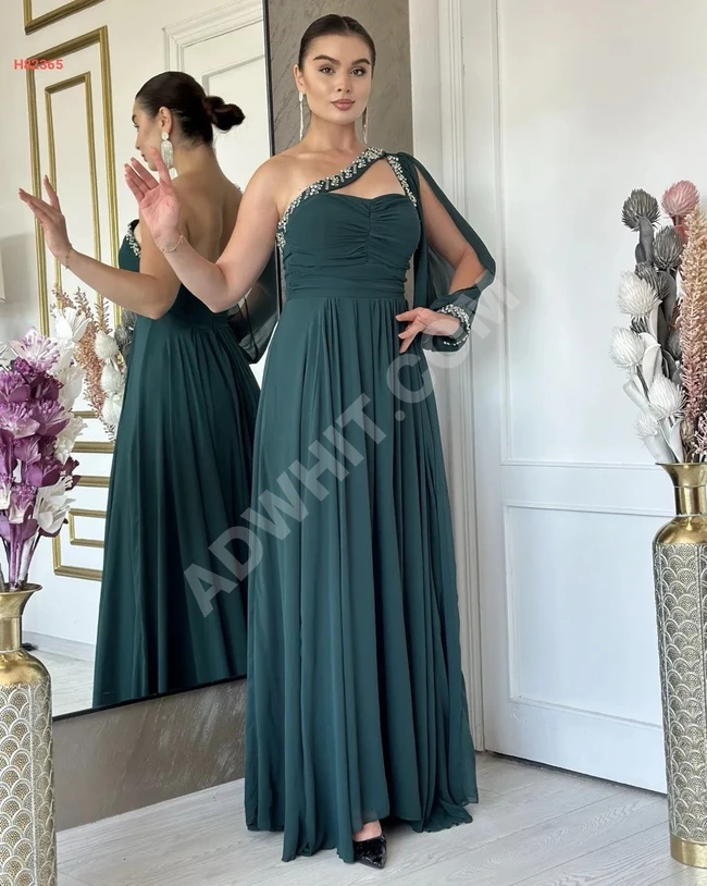 Long evening chiffon dress with one shoulder and embellishments