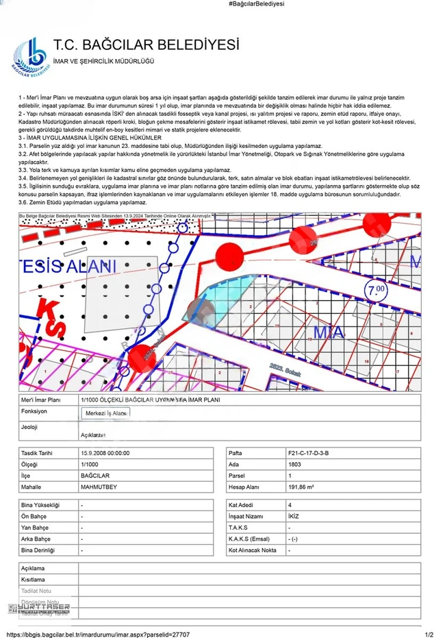 A corner commercial plot with title deed and licensed for construction, with an area of 191.65 square meters, unmatched in MAHMUTBEY