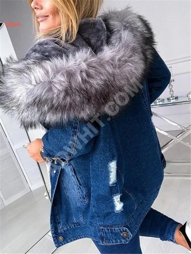 Fur-lined denim jacket with a hood