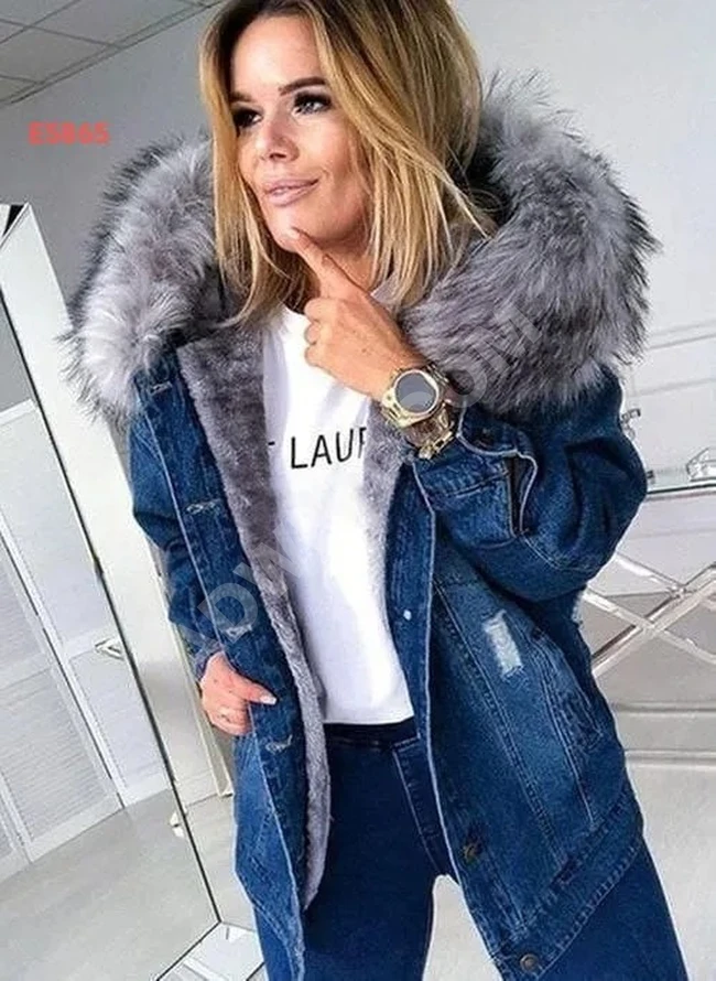 Fur-lined denim jacket with a hood