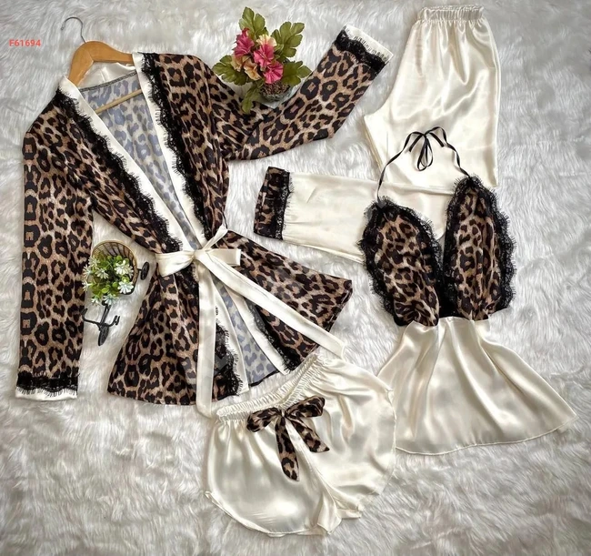 Saten Tiger Pajama Takımı, 4 parça