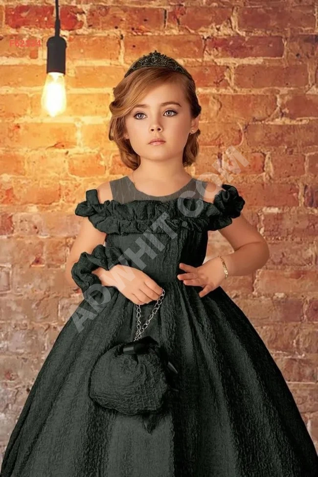 Girls' brocade puff dress with hand accessory