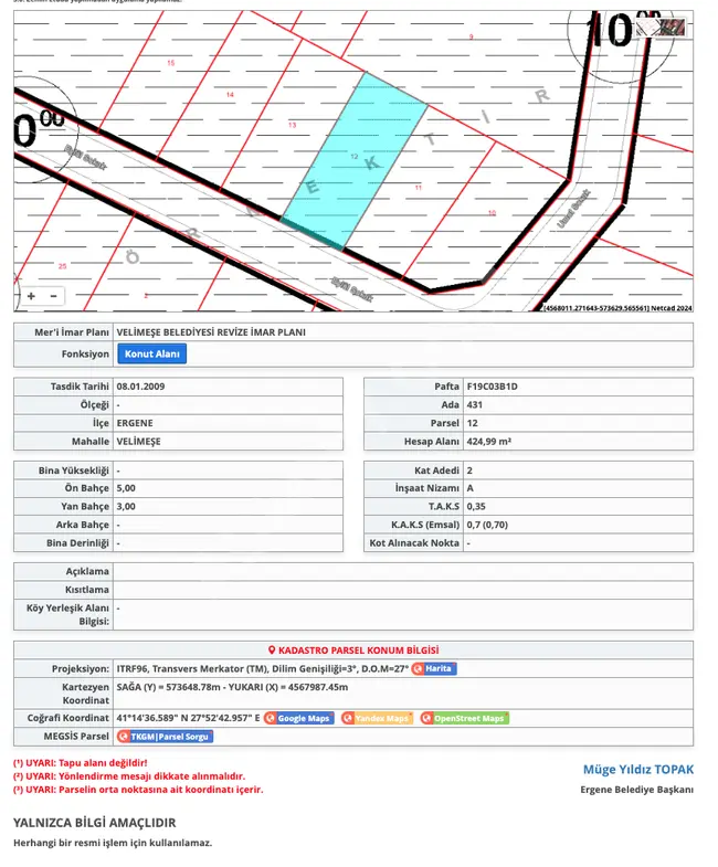 TEKİRDAĞ ERGENE VELİMEŞE 'DE 425 M2 TEK TAPU ARSA​