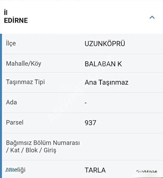 Edirne Uzunköprü Balaban Köyünde Müstakil Tapu Tarla