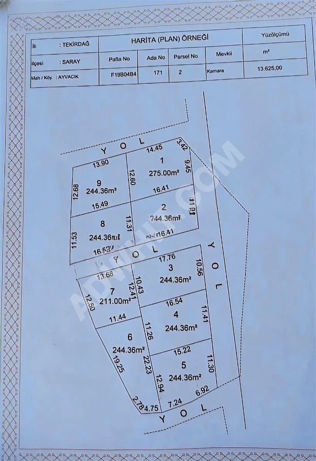 TEKİRDAĞ SARAY AYVACIK ORMANA CEPHE 244 m² SATILIK ARAZİ