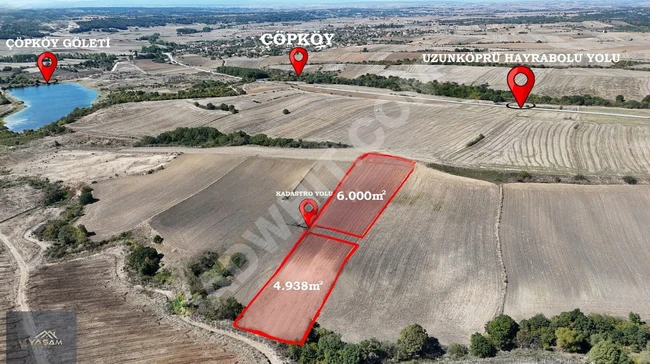 Land for sale with an area of 4938 square meters, located the third plot away from the main road in the area UZUNKÖPRÜ ÇÖPKÖY