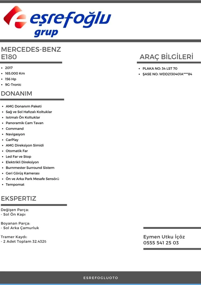 2017 - Mercedes - Benz - E180 AMG - Sunroof - No expenses needed - Mileage 165,000 km - from EŞREFOĞLU