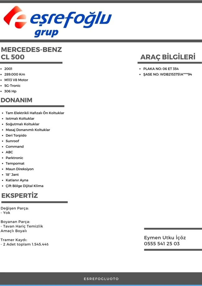 سيارة Mercedes - Benz CL500 موديل 2001، من المالك الأول  نظام شفط، نظام ABC، سقف بانورامي، بدون مصاريف إضافية من EŞREFOĞLU