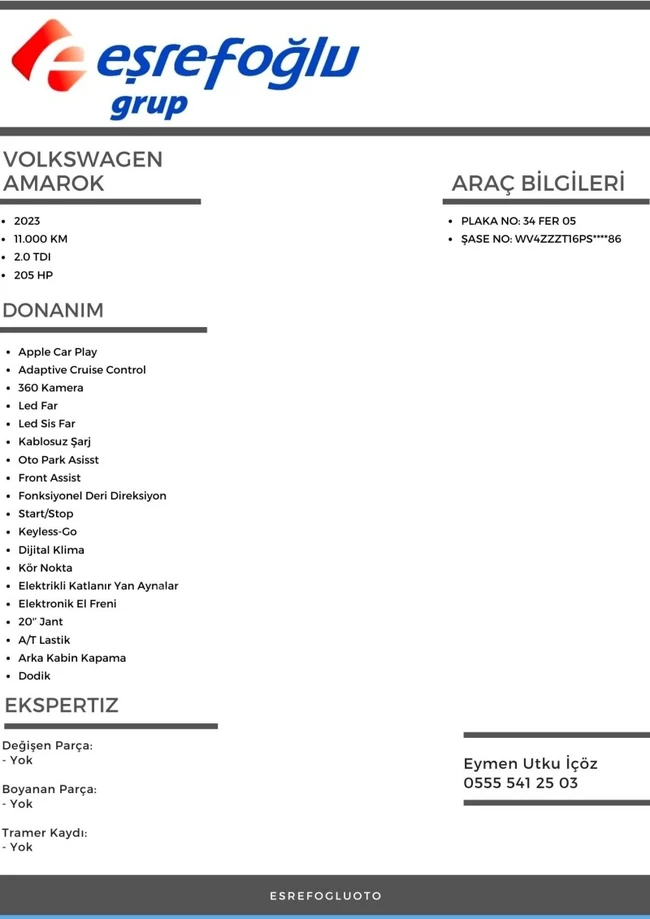 سيارة Volkswagen AMAROK موديل  2023، 11.000 كم، بدون أخطاء، 4x4، ناقل حركة DSG، بدون طلاء من EŞREFOĞLU