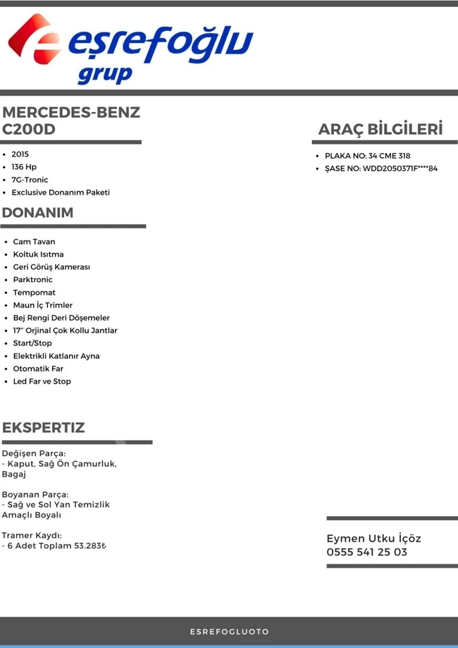 سيارةMERCEDES-BENZ   C200D EXCLUSİVE موديل 2015  جلد و سقف زجاجي من EŞREFOĞLU