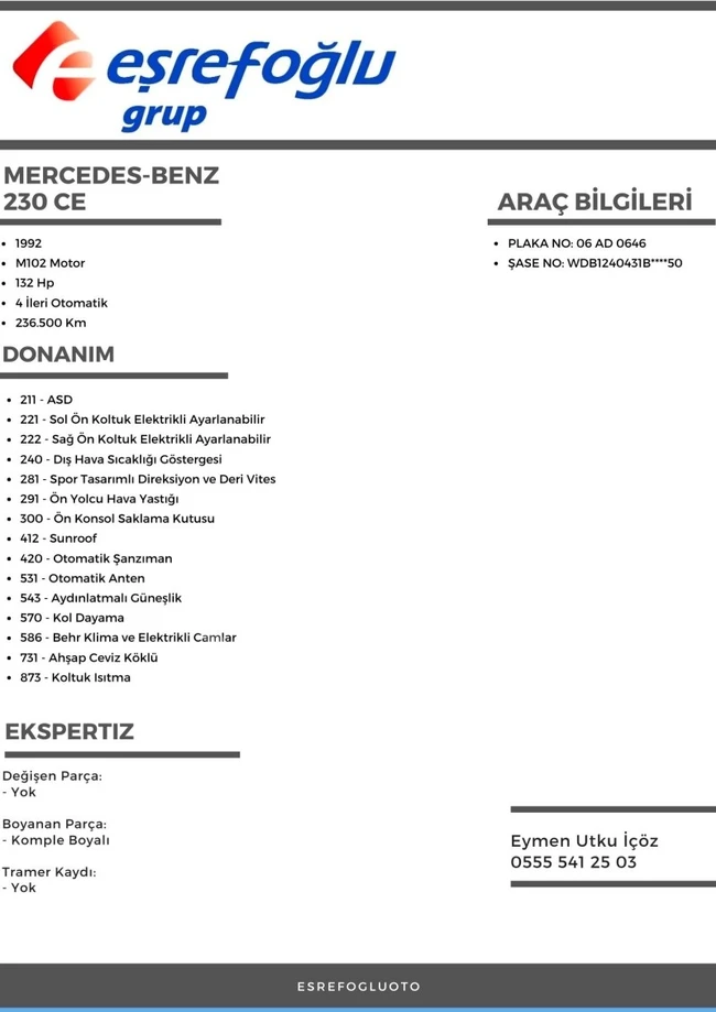 سيارة Mercedes - Benz 230 CE موديل 1992 -عداد 236.000 كم - مظهر أمريكي كامل من EŞREFOĞLU