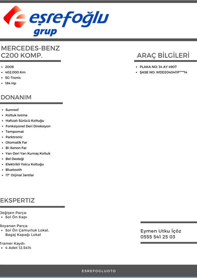 سيارة C200 KOMP.  موديل 2008  مقاعد بذاكرة فتحة سقف بدون حوادث للبيع من EŞREFOĞLU