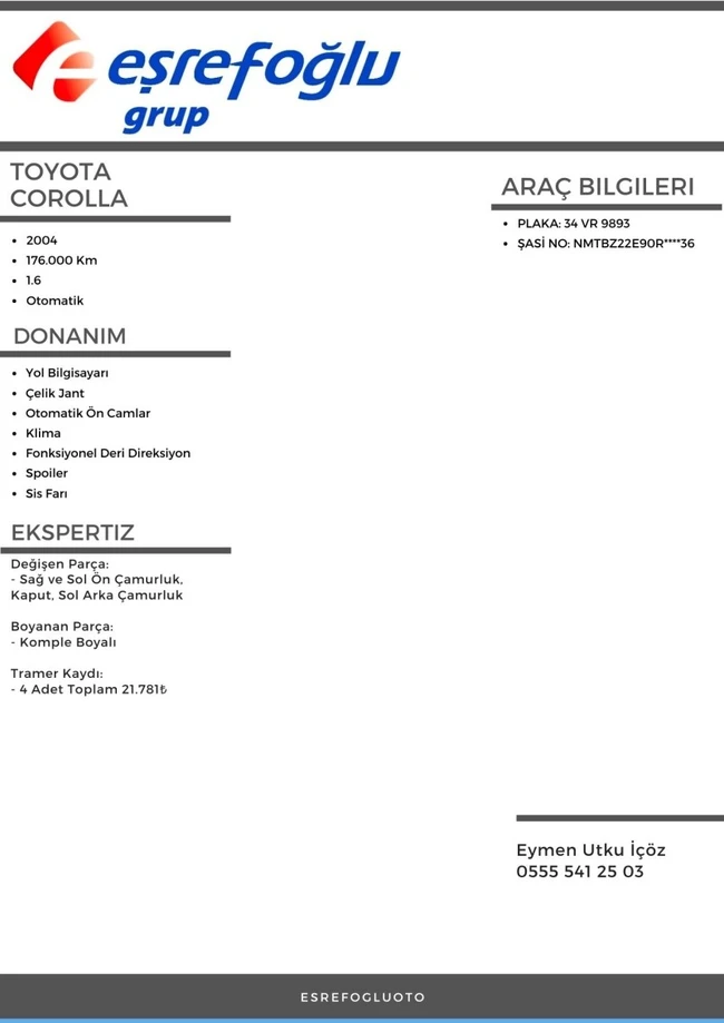 سيارة  TOYOTA COROLLA 1.6 TERRA موديل 2004 اوتوماتيك من EŞREFOĞLU