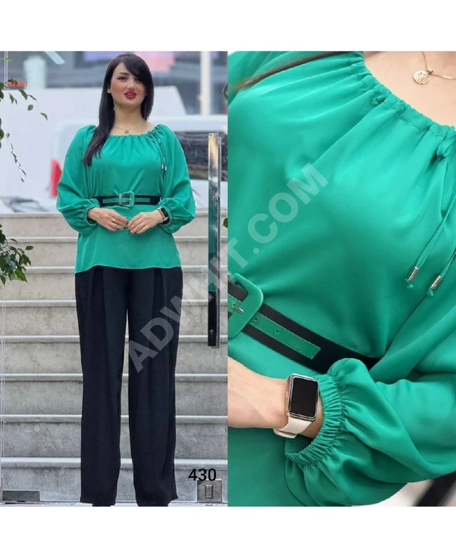 Pants and long-sleeve blouse set with a belt