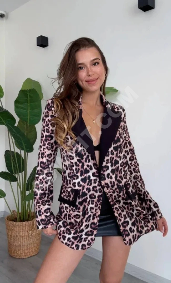 Blazer Leopar Desenli Deri Yaka Detaylı Ceket