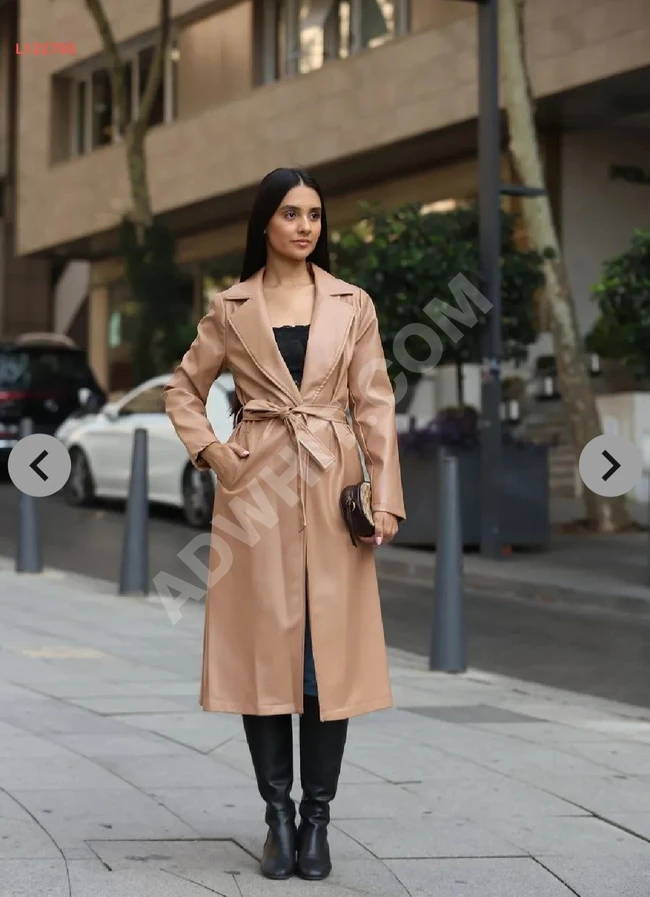 Leather trench coat with belt