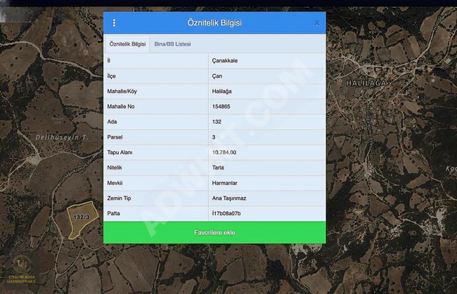 أرض للبيع  بمساحة 10,784 متر مربع في ÇANAKKALE ÇAN، حي HALİLAĞA