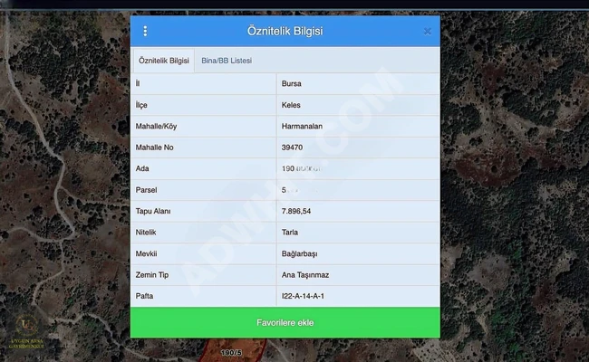 قطعة أرض مناسبة للبيع   7,896 متر مربع في BURSA - KELEŞ -HARMANALAN
