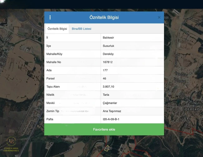 أرض مناسبة بمساحة 3,807 م² في BALIKESİR SUSURLUK DEREKÖY.
