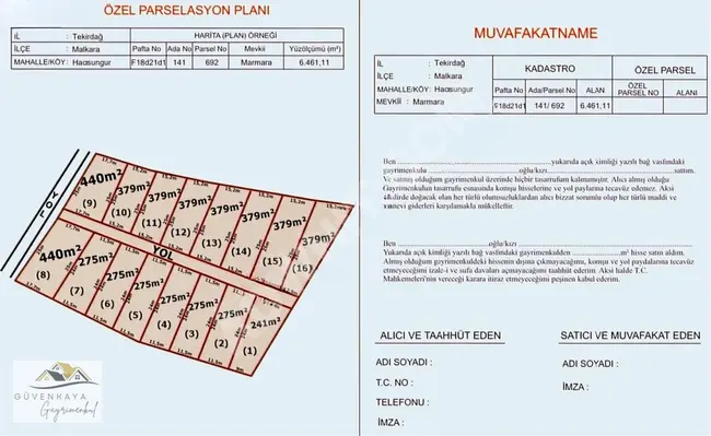 ارض بسند ملكية ( حصص ) بمساحة 380 مع وثيقة موافقة رسمية  في منطقة  MALKARA  حي HACISUNGUR