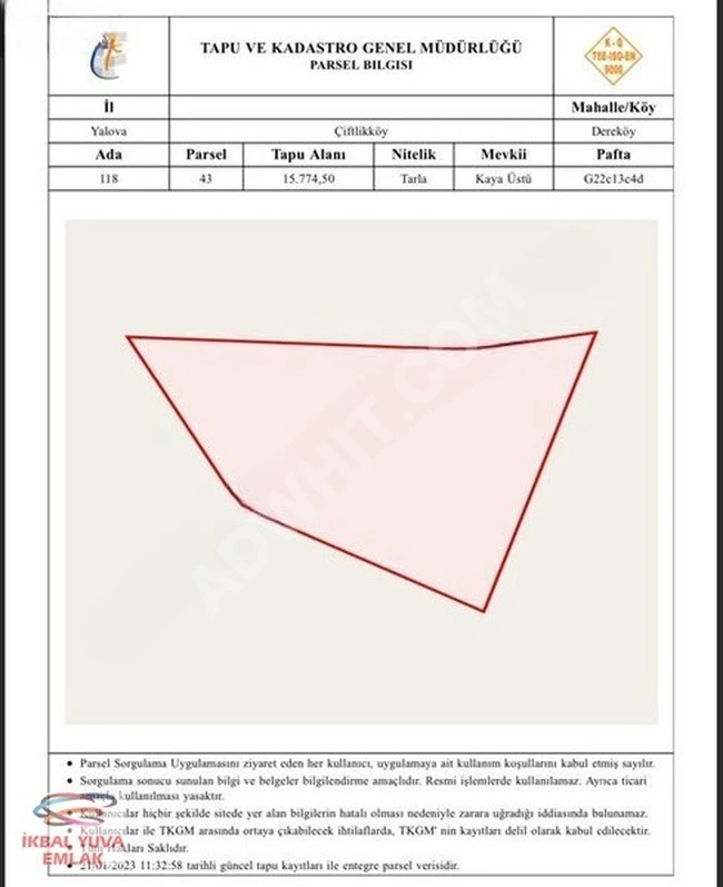 YALOVA ÇİFTLİKKÖY- DEREKÖY DE TARLA NİTELİKLİ 15.774m2 ARAZİ