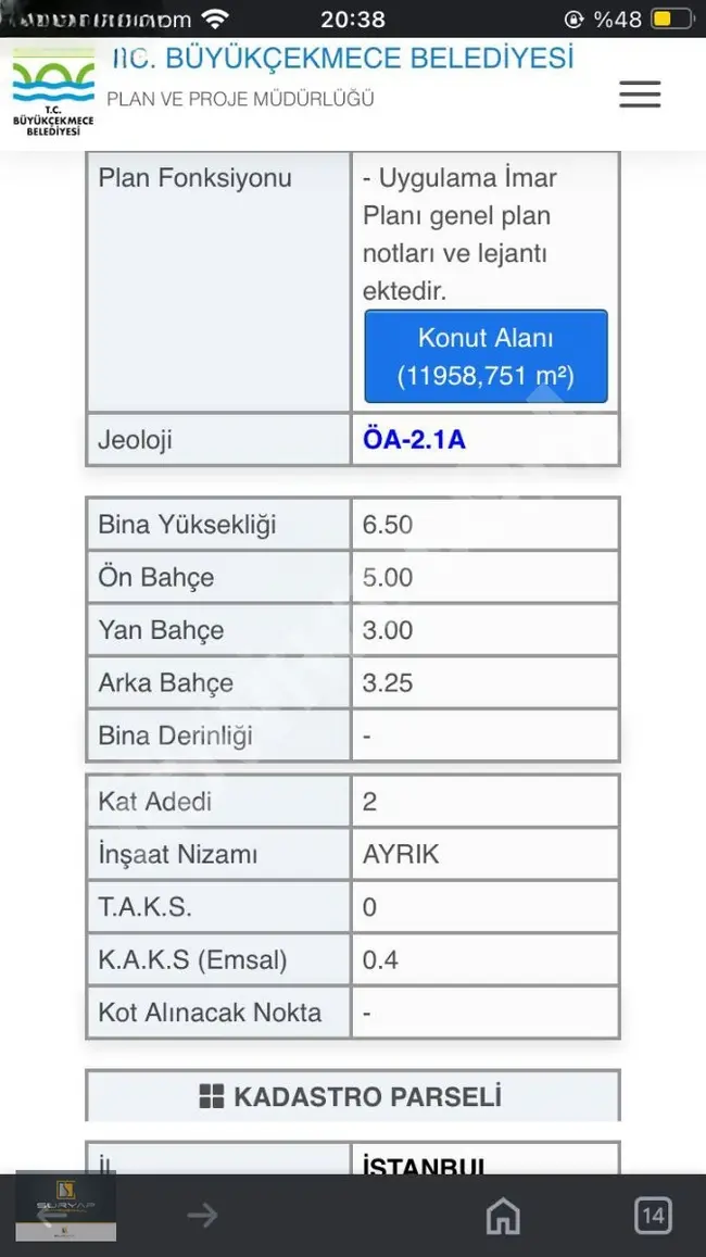 أرض للبيع بمساحة 1380 متر مربع وواجهة على طريق في BÜYÜKÇEKMECE  KARAAĞAÇ