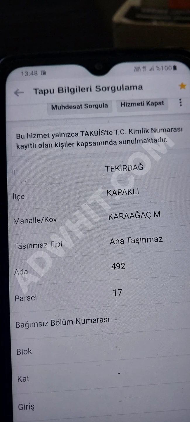 TEKIRDAG KAPAKLIDA SATILIK 340mt arsa