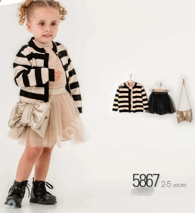 Girls' tulle skirt set with sweater and wool jacket.