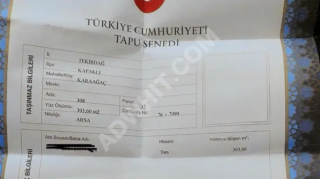 KAPAKLI KARAAĞAÇTA ACİL SATILIK IMARLI İFRAZLI ARSA