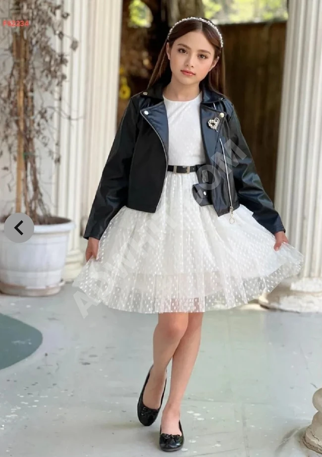 Girls' tulle patterned dress with leather jacket