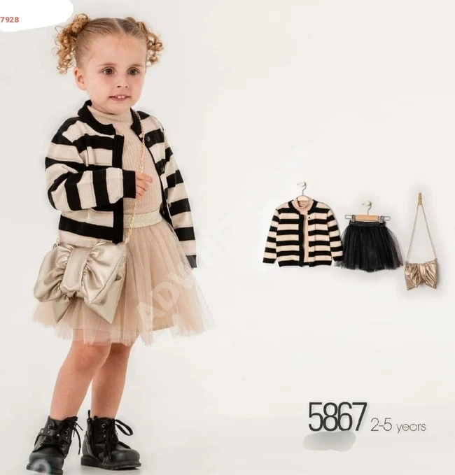 Girls' tulle skirt set with sweater and wool jacket.