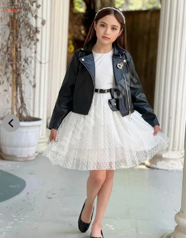 Girls' tulle patterned dress with leather jacket