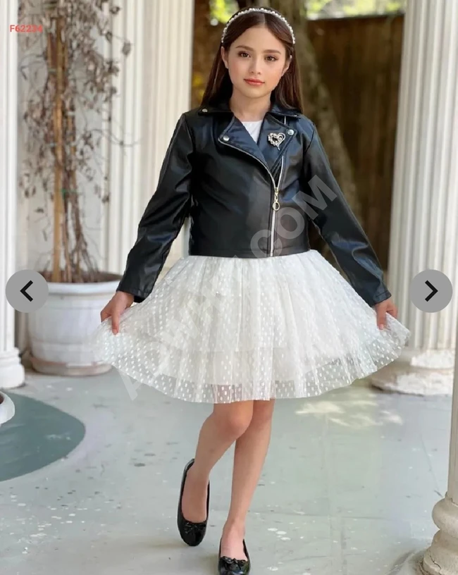 Girls' tulle patterned dress with leather jacket