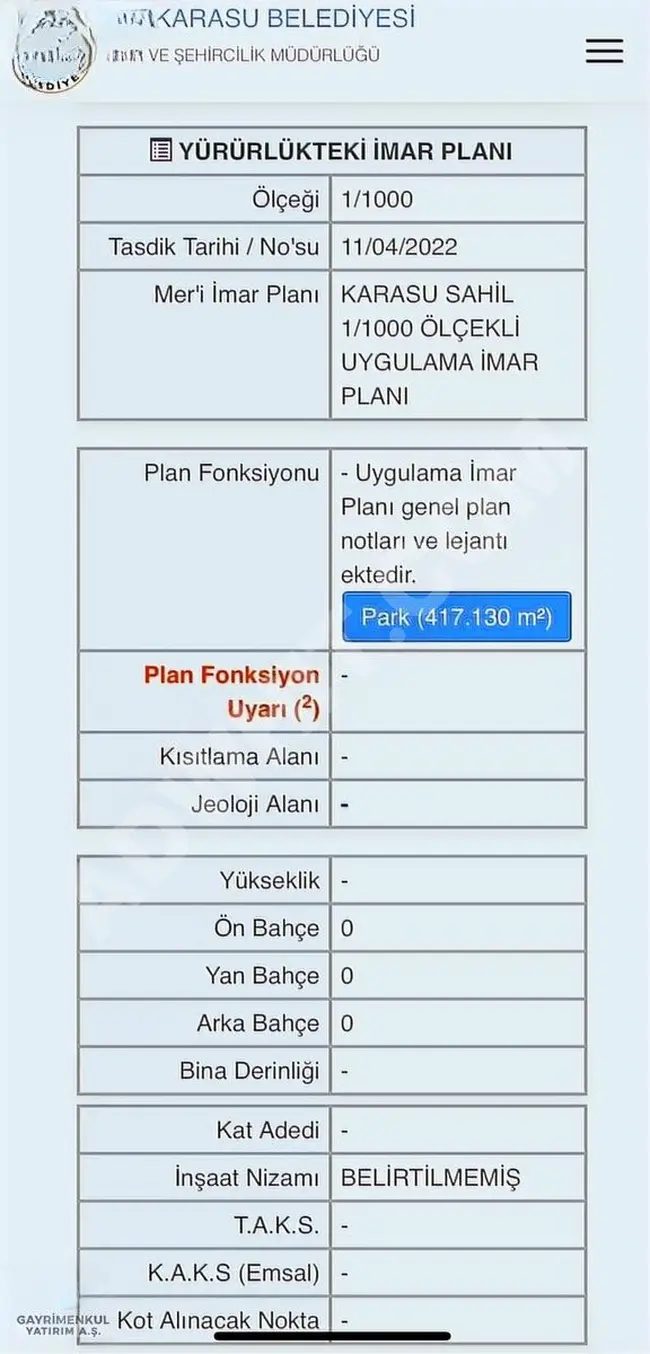 KARASU YENİMAHALLEDE 586 M2 ARSA