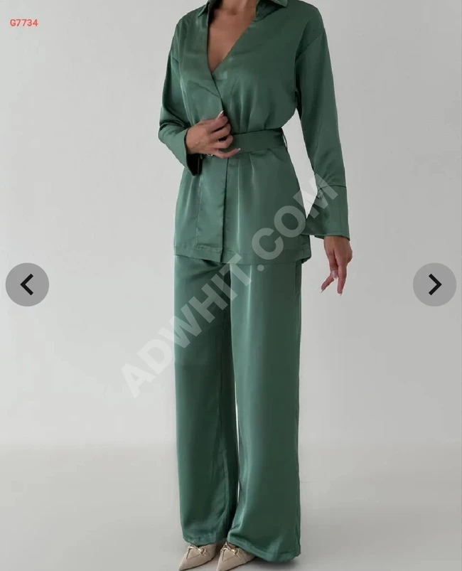 Long Sleeve Satin Set with Belt