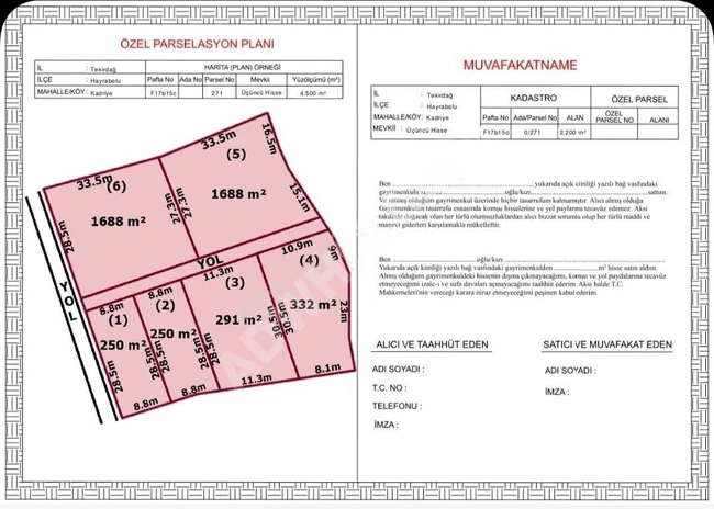 TEKİRDAĞ HAYRABOLU' DA ÇAPLI MUVAFAKAT NAMELİ ARSA