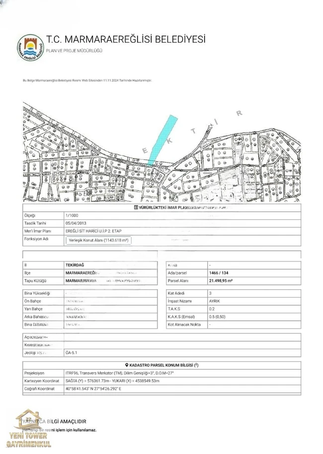 MARMARA EREĞLİSİ DEREAĞZI MH'SİNDE SATILIK 500 M2 ARSA