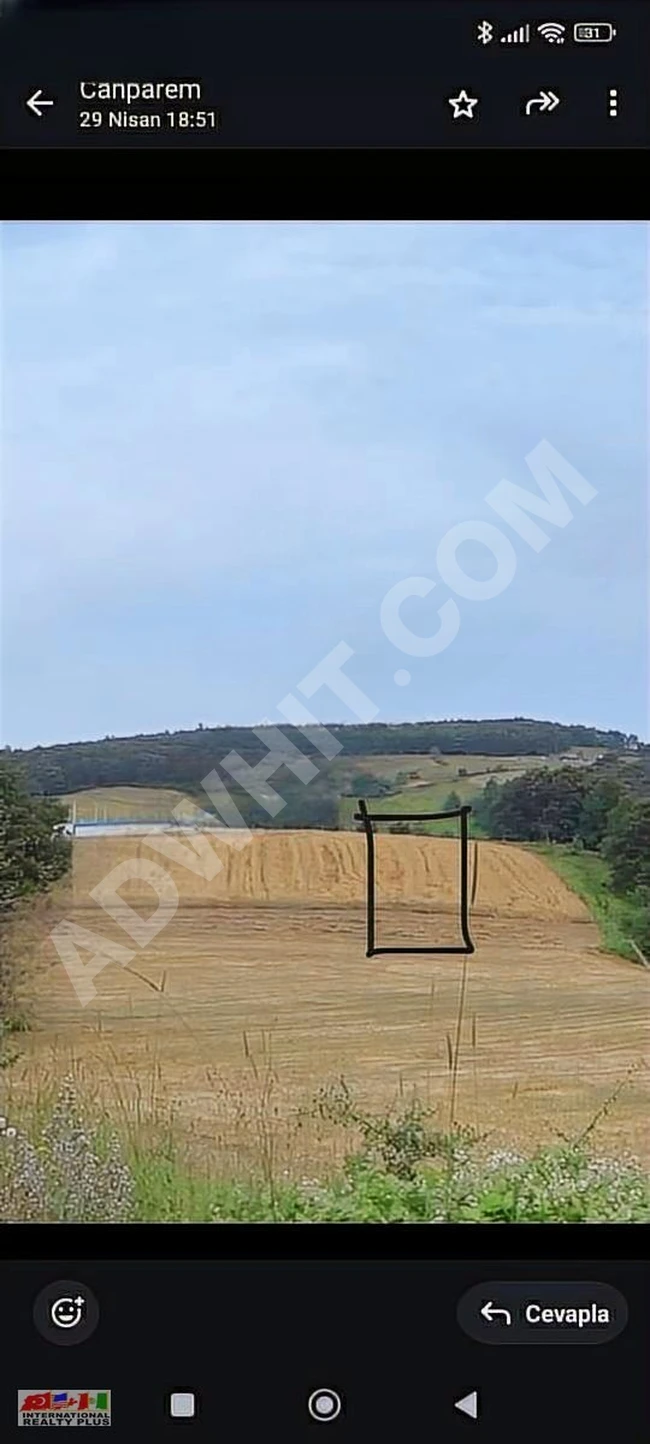 Land for sale at the entrance of SEVİNDİKLİ, overlooking the road from an elevated location and parallel to the street.