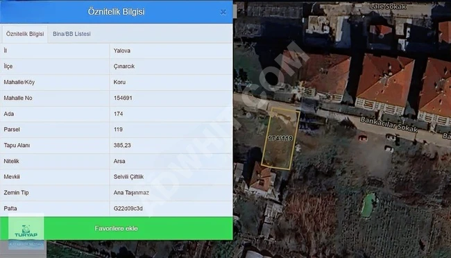 YALOVA ÇINARCIK KORU MERKEZ'DE SATILIK 385M ARSA