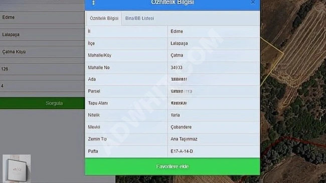 أرض زراعية مستقلة مرخصة للبيع بمساحة 6,433 م2  و تقع في منطقة Edirne Lalapaşa Çatma 