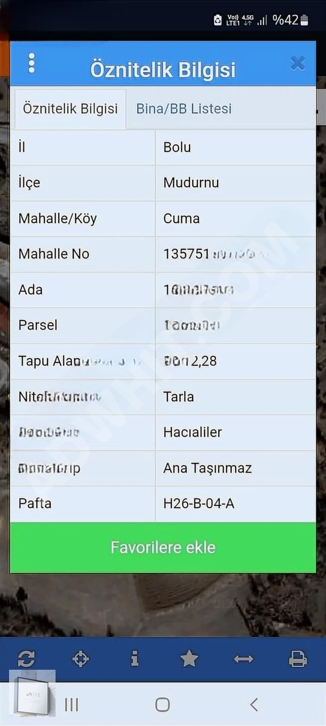 ارض مرخصة مستقلة للبيع  بمساحة 5,012 متر مربع و تقع في قرية Cuma بمنطقة Bolu Mudurnu