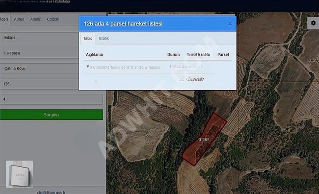 أرض زراعية مستقلة مرخصة للبيع بمساحة 6,433 م2  و تقع في منطقة Edirne Lalapaşa Çatma 